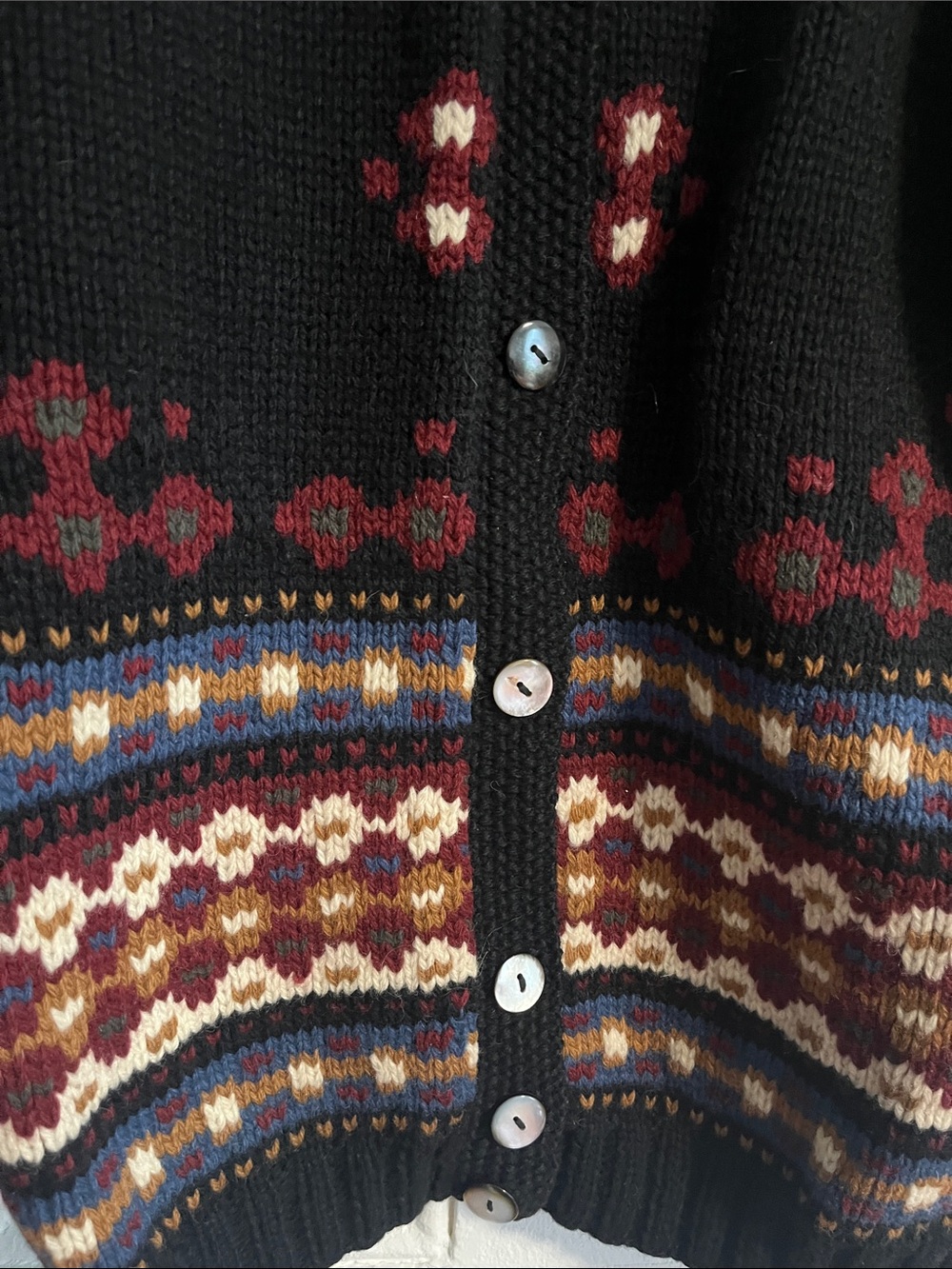 Vintage Ann Taylor Black Fair Isle Button-Up Cardigan with Burgundy Accents - Picture 3 of 5